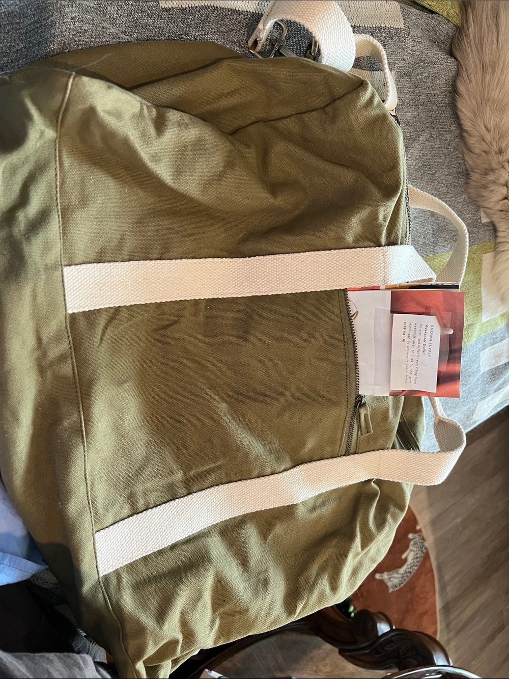 Olive Canvas Travel Bag with White Straps